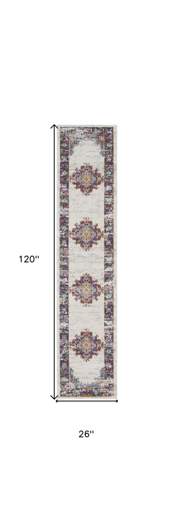 10' Runner Blue and Ivory Oriental Power Loom Distressed Runner Rug