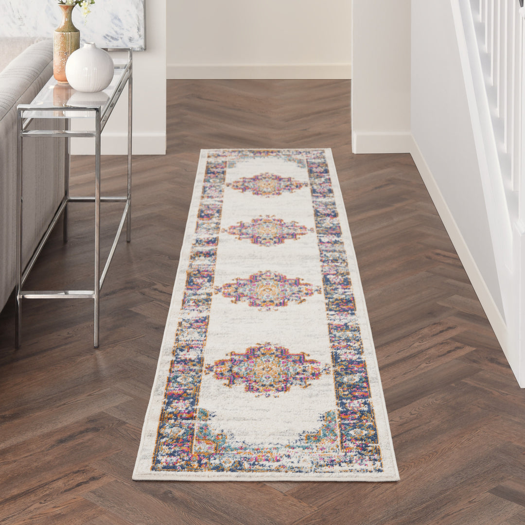 10' Runner Blue and Ivory Oriental Power Loom Distressed Runner Rug