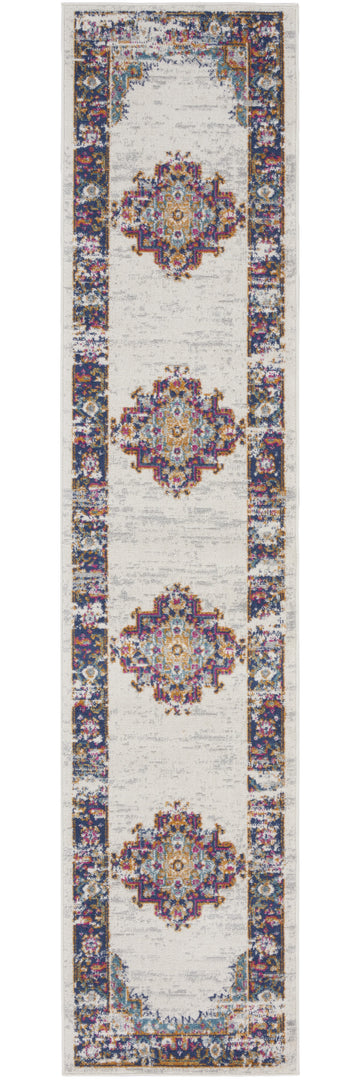 10' Runner Blue and Ivory Oriental Power Loom Distressed Runner Rug