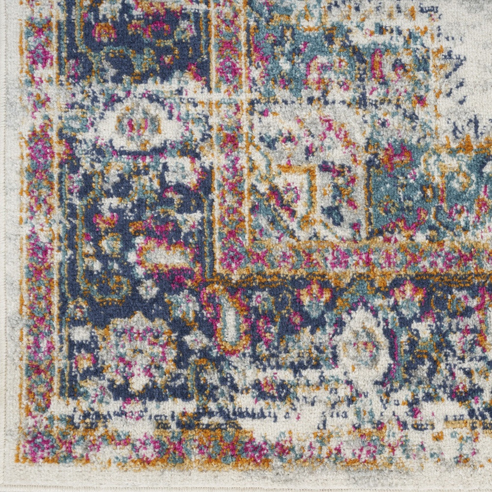 10' Runner Blue and Ivory Oriental Power Loom Distressed Runner Rug