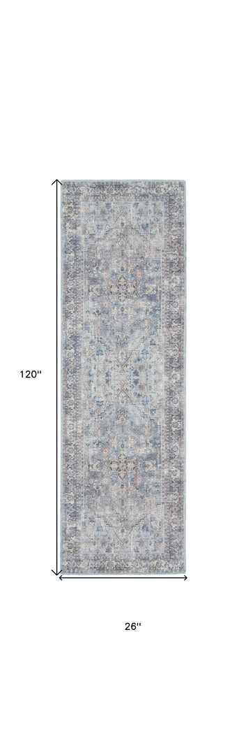 10' Gray Floral Power Loom Distressed Washable Runner Rug