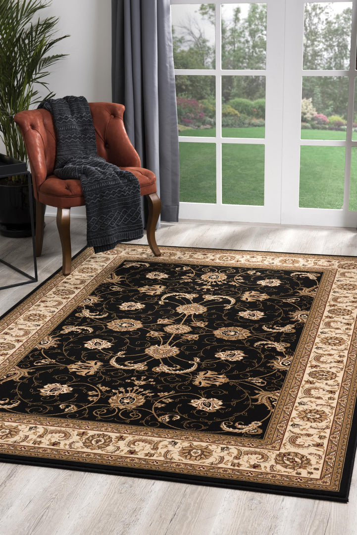 10' X 13' Beige and Black Oriental Washable Non Skid Area Rug