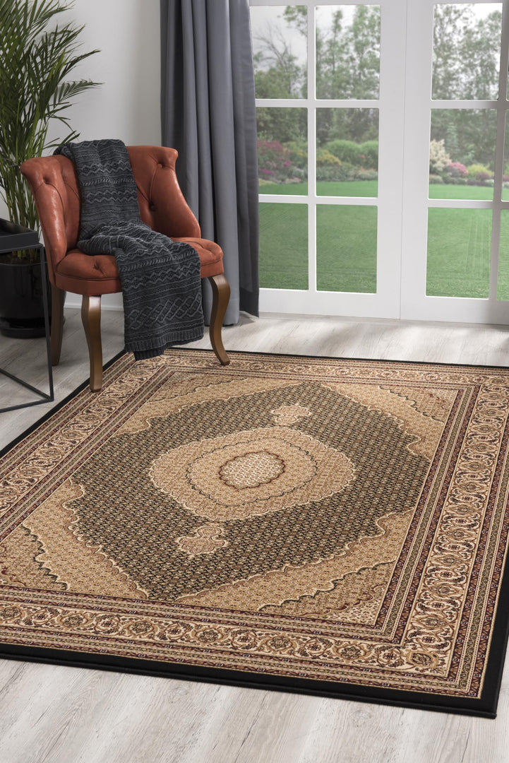 10' X 13' Beige and Black Oriental Washable Non Skid Area Rug