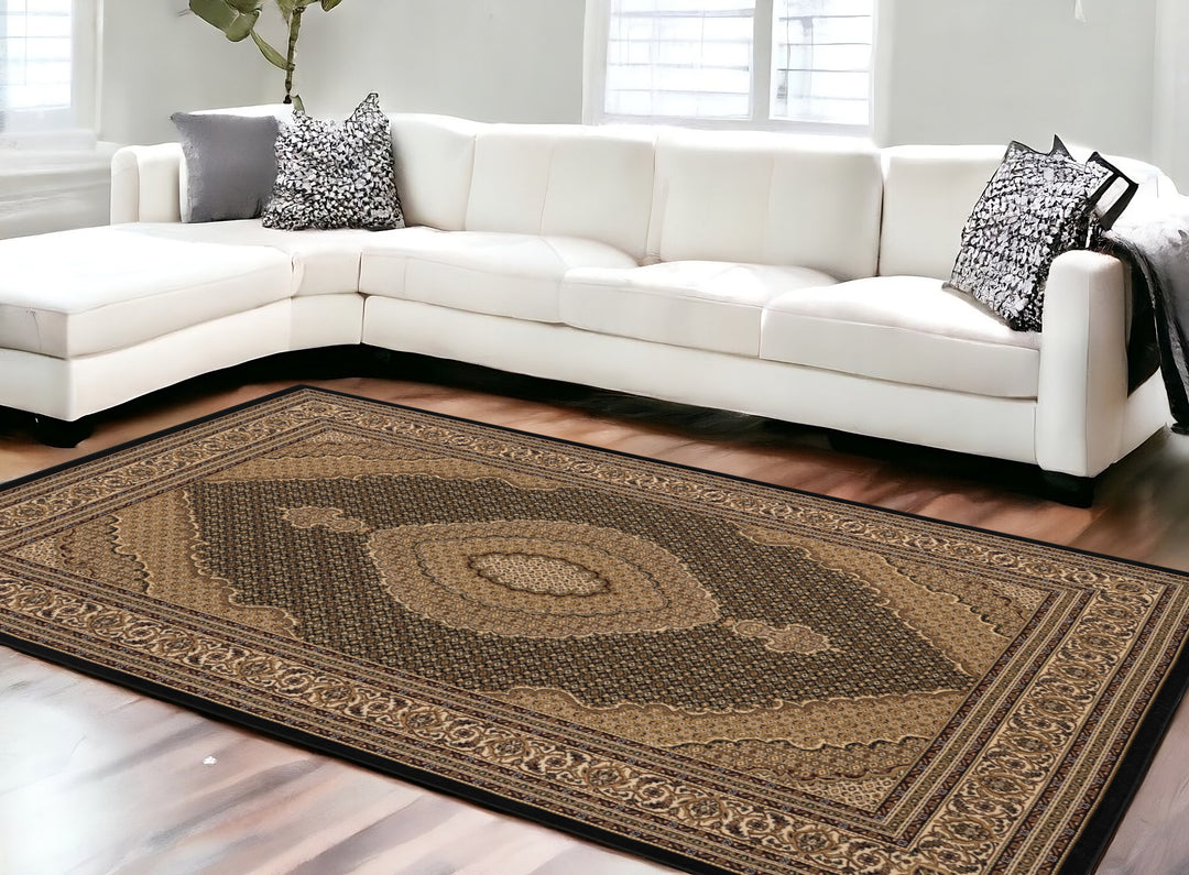 10' X 13' Beige and Black Oriental Washable Non Skid Area Rug