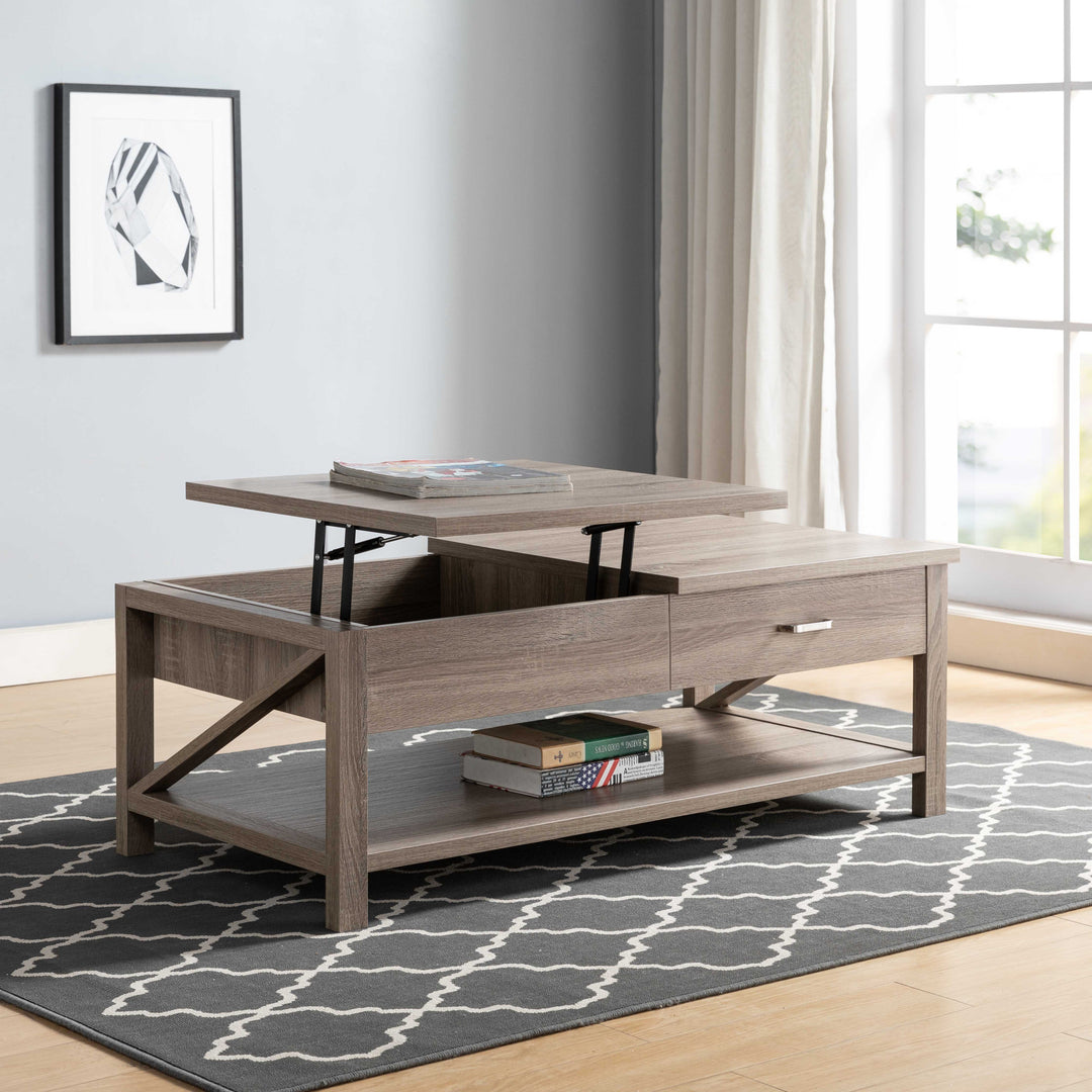 47" Taupe Wood Lift Top Coffee Table With Drawer And Shelf