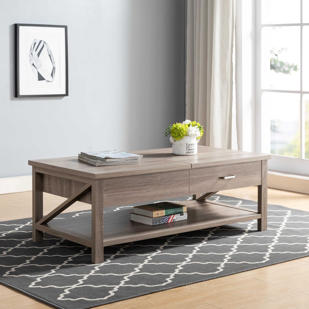 47" Taupe Wood Lift Top Coffee Table With Drawer And Shelf