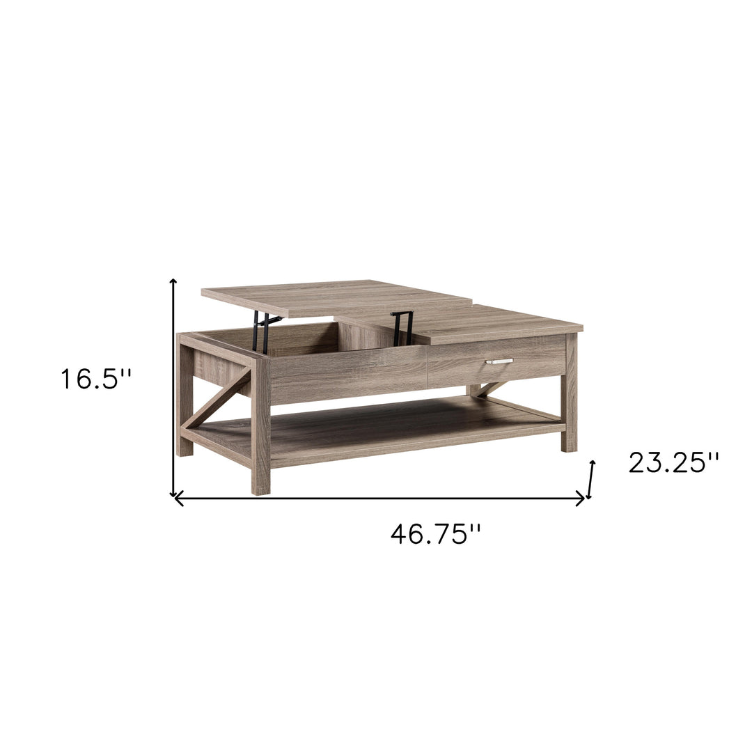 47" Taupe Wood Lift Top Coffee Table With Drawer And Shelf