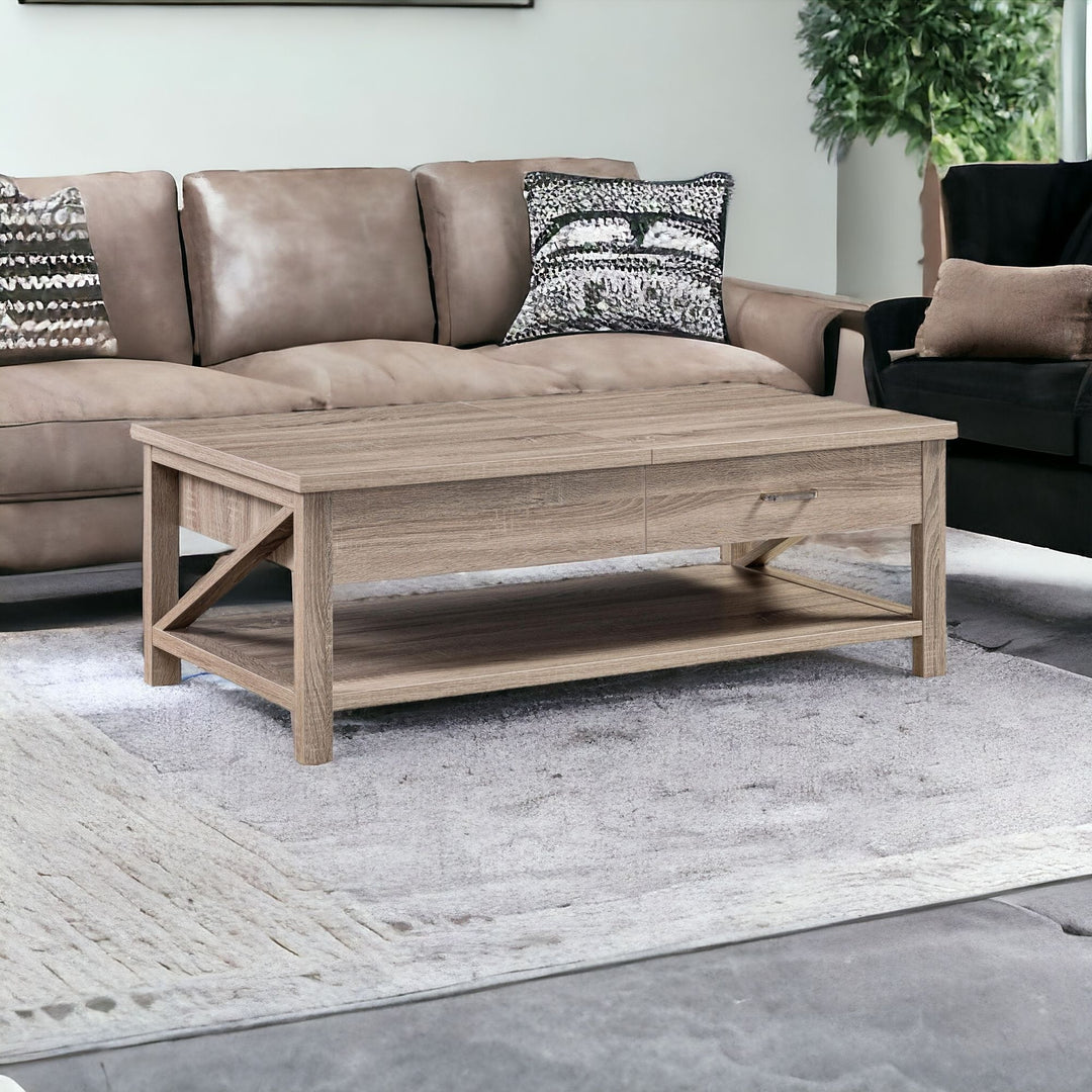 47" Taupe Wood Lift Top Coffee Table With Drawer And Shelf