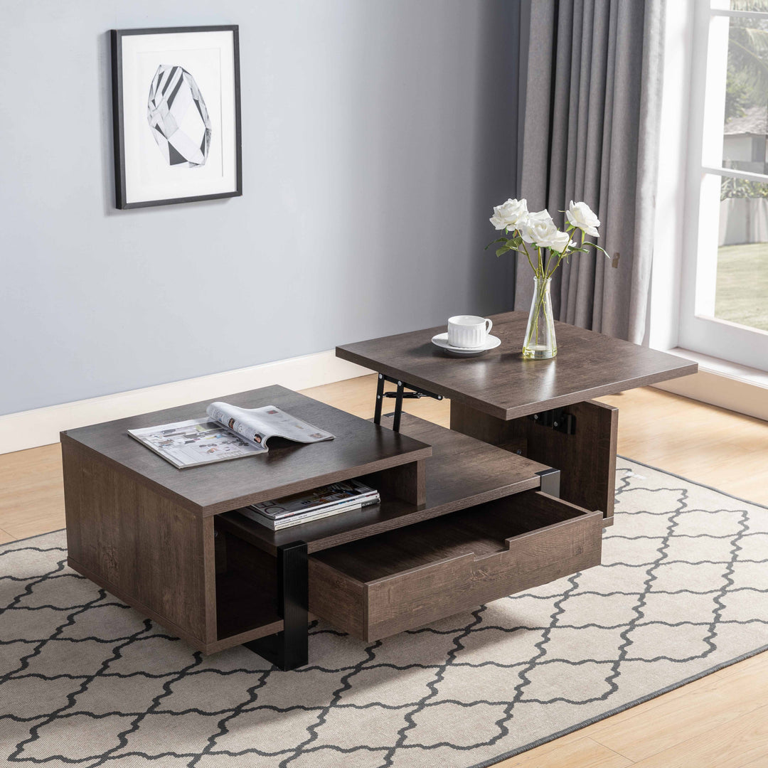 47-Inch Brown and Black Wood Lift-Top Coffee Table with Drawer and Shelf