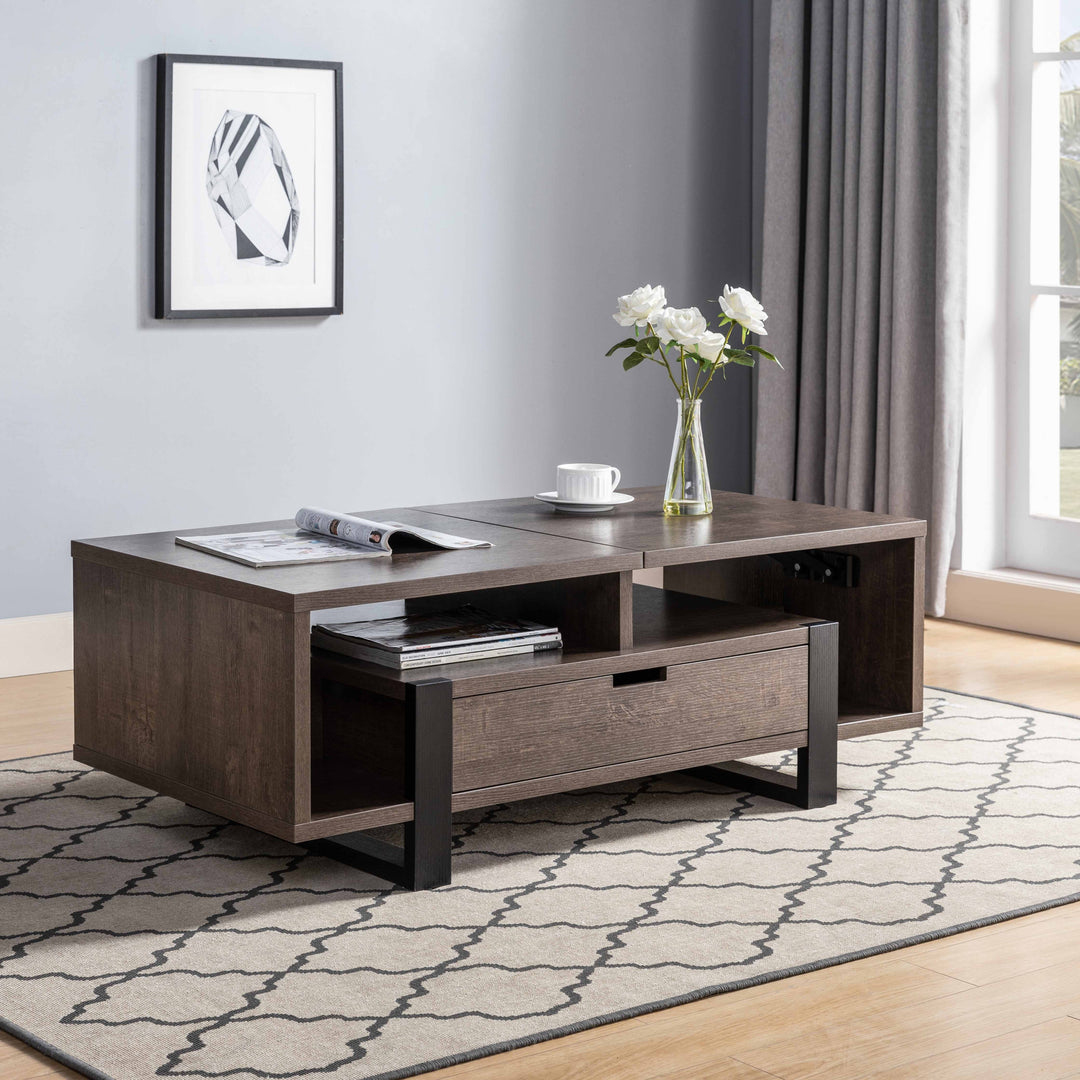 47-Inch Brown and Black Wood Lift-Top Coffee Table with Drawer and Shelf