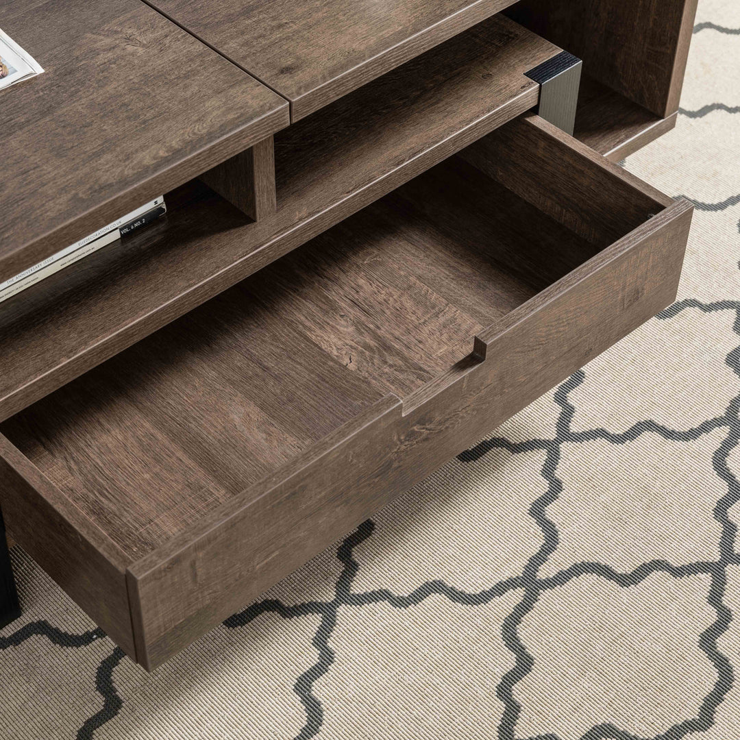 47-Inch Brown and Black Wood Lift-Top Coffee Table with Drawer and Shelf