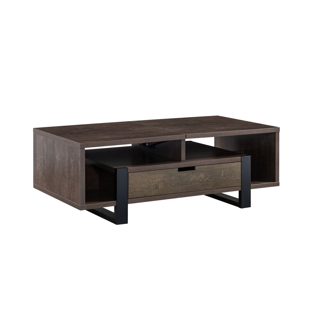 47-Inch Brown and Black Wood Lift-Top Coffee Table with Drawer and Shelf