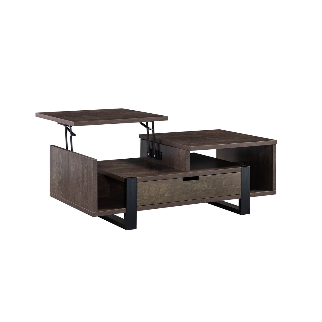 47-Inch Brown and Black Wood Lift-Top Coffee Table with Drawer and Shelf