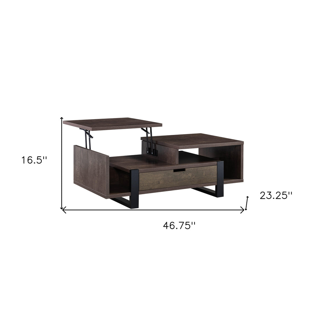 47-Inch Brown and Black Wood Lift-Top Coffee Table with Drawer and Shelf