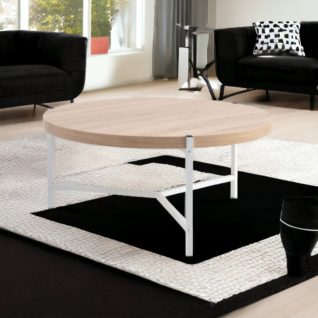 37-Inch Natural and White Metal Round Coffee Table