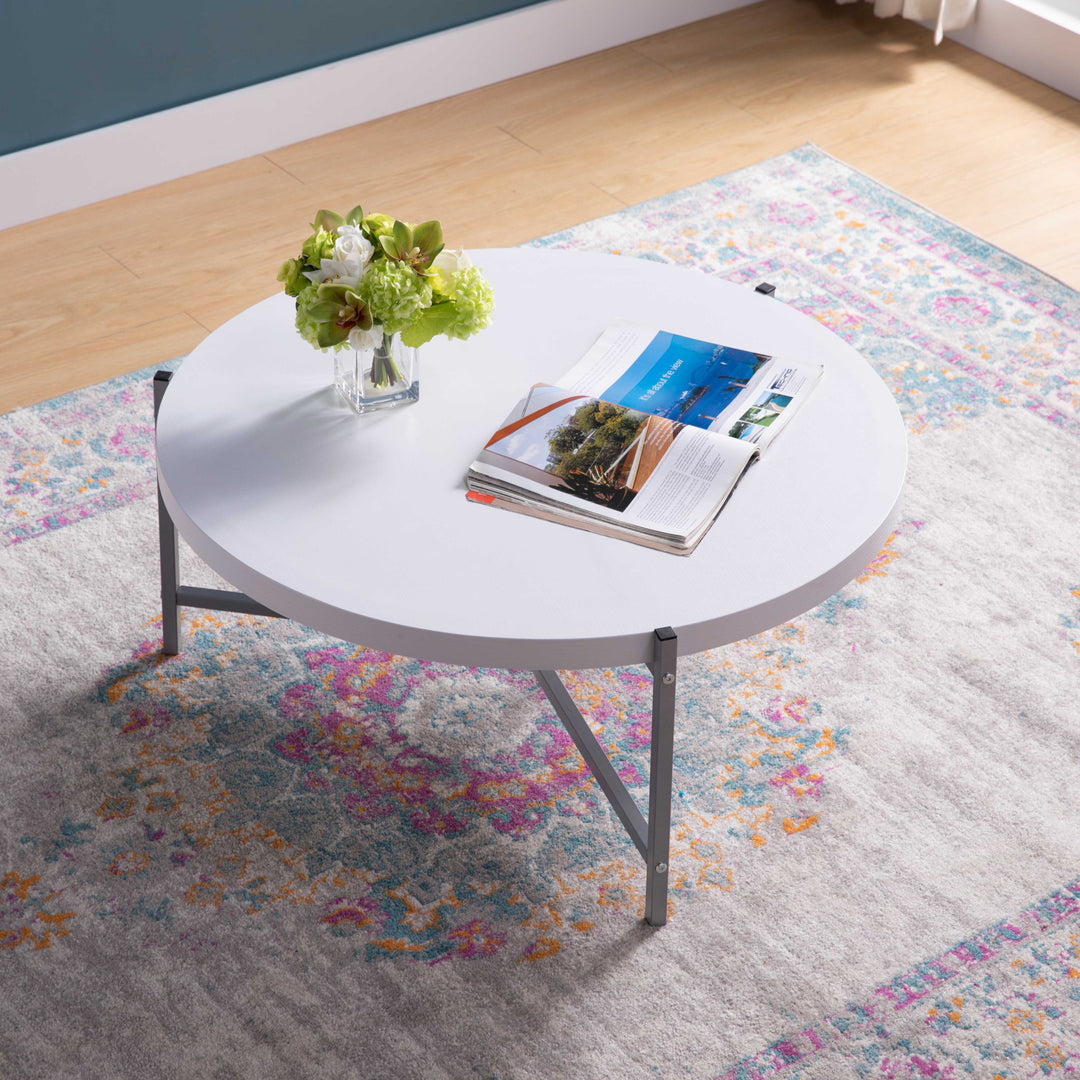 37" White And Silver Wood And Stainless Steel Round Coffee Table