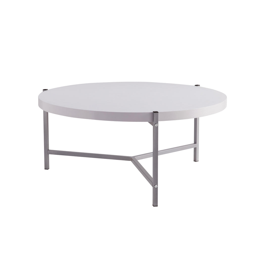 37" White And Silver Wood And Stainless Steel Round Coffee Table