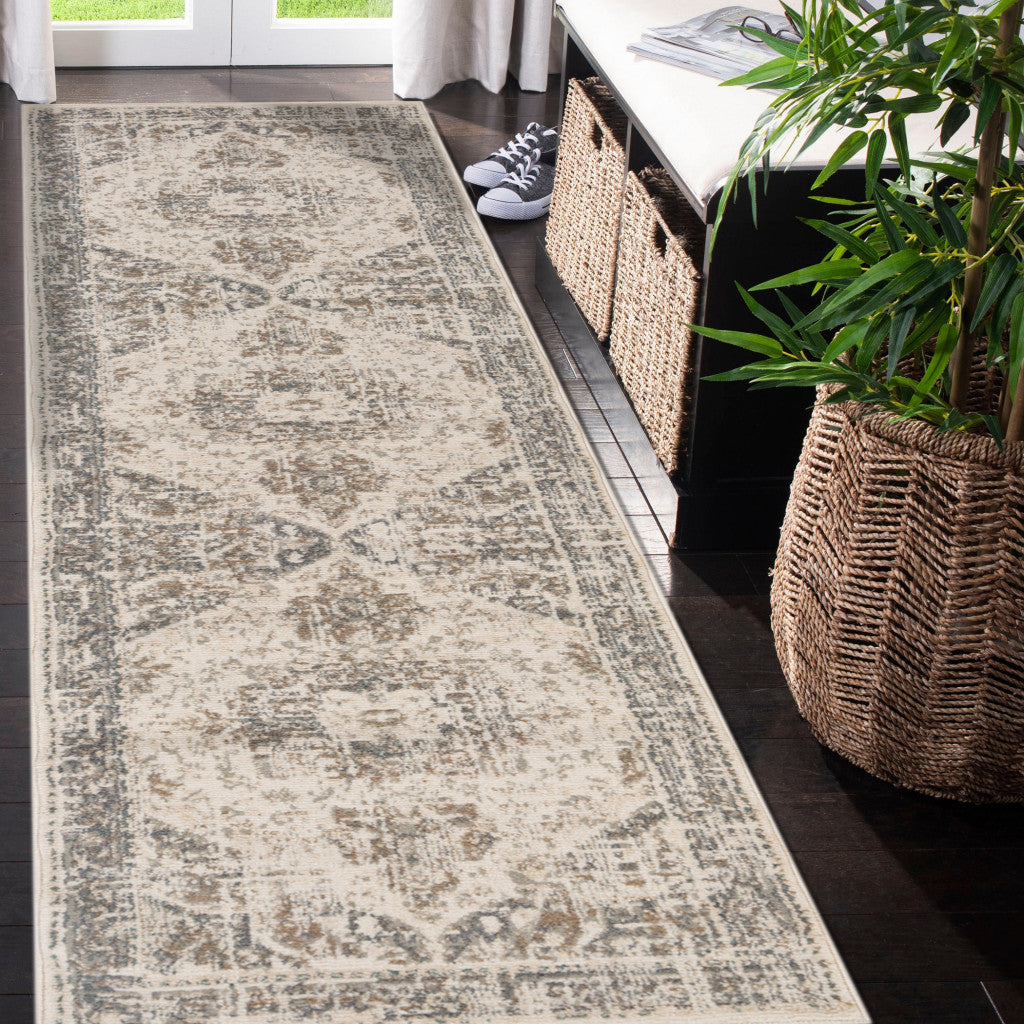 10' X 14' Gray and Light Beige Medallion Power Loom Area Rug