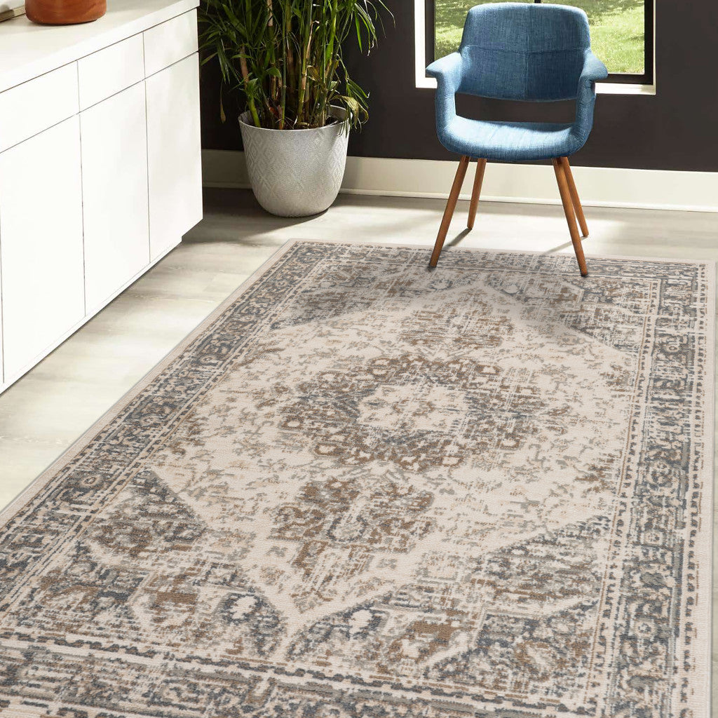 10' X 14' Gray and Light Beige Medallion Power Loom Area Rug