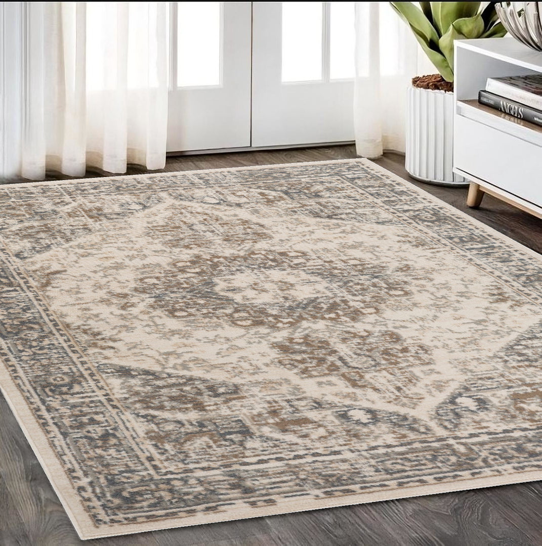 10' X 14' Gray and Light Beige Medallion Power Loom Area Rug