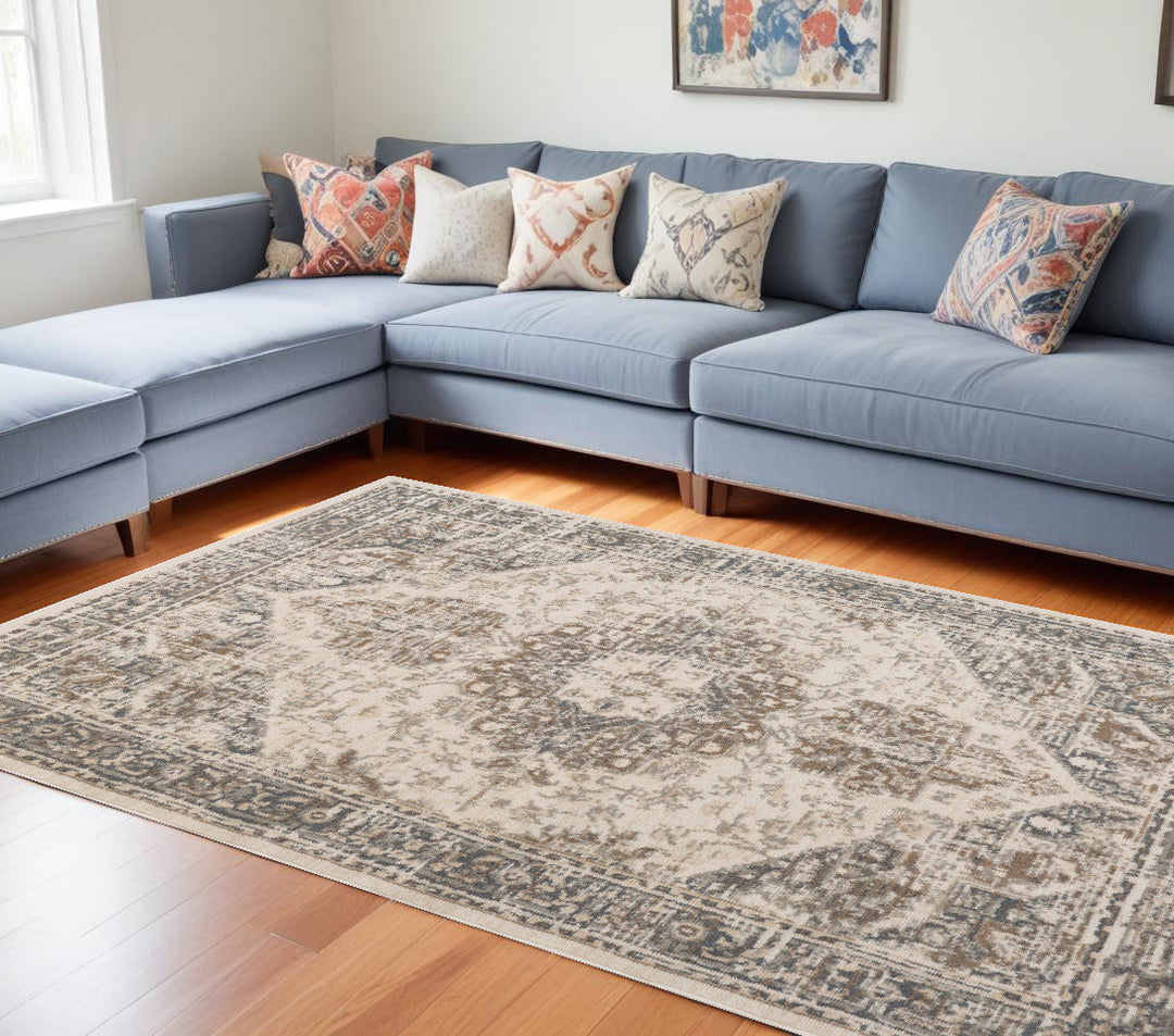 10' X 14' Gray and Light Beige Medallion Power Loom Area Rug