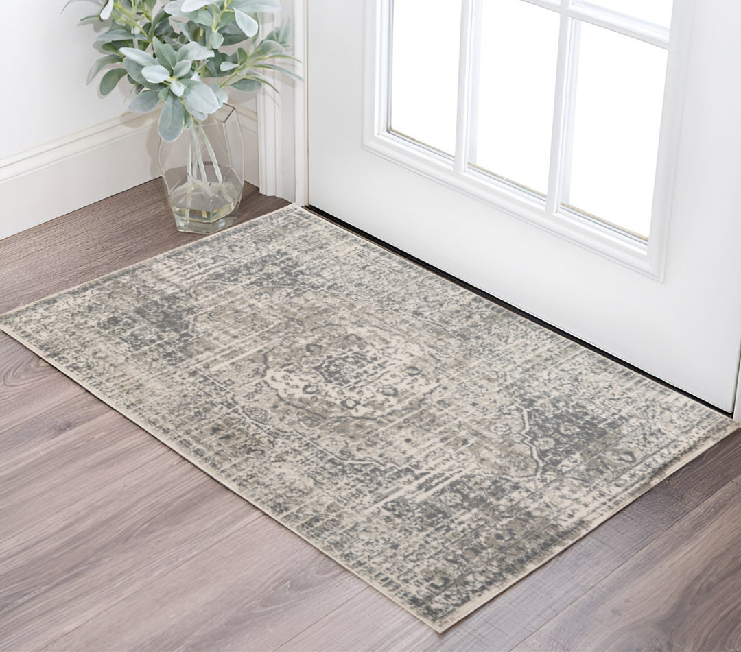 10' X 14' Medium Gray and Ivory Medallion Power Loom Area Rug