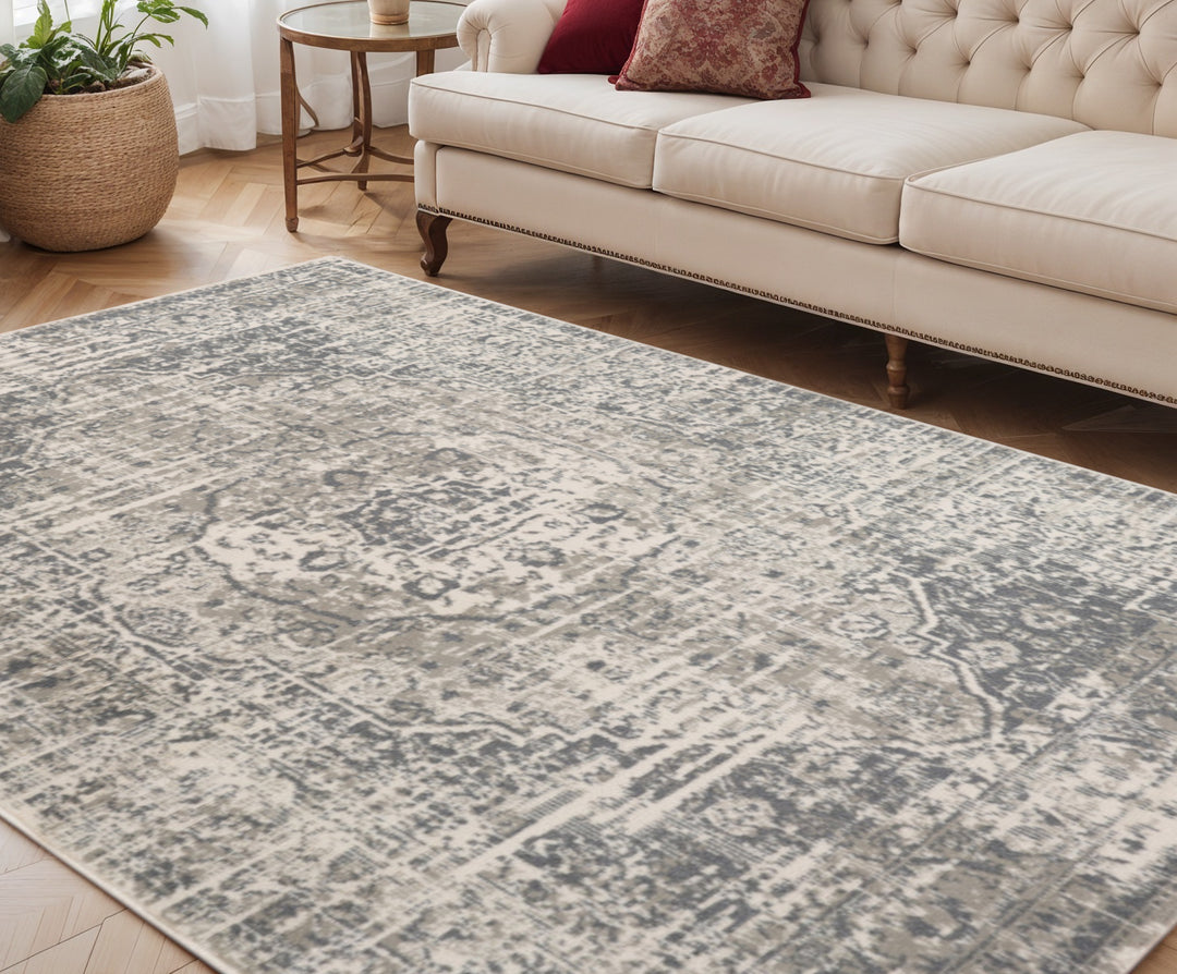 10' X 14' Medium Gray and Ivory Medallion Power Loom Area Rug