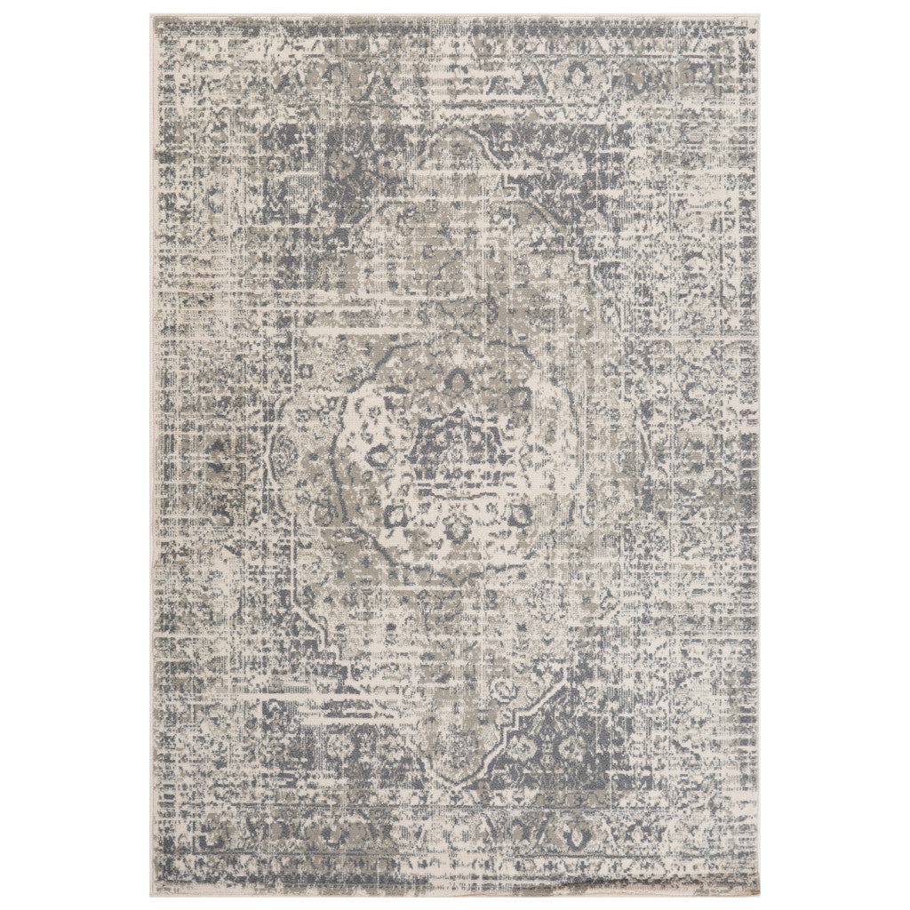 10' X 14' Medium Gray and Ivory Medallion Power Loom Area Rug