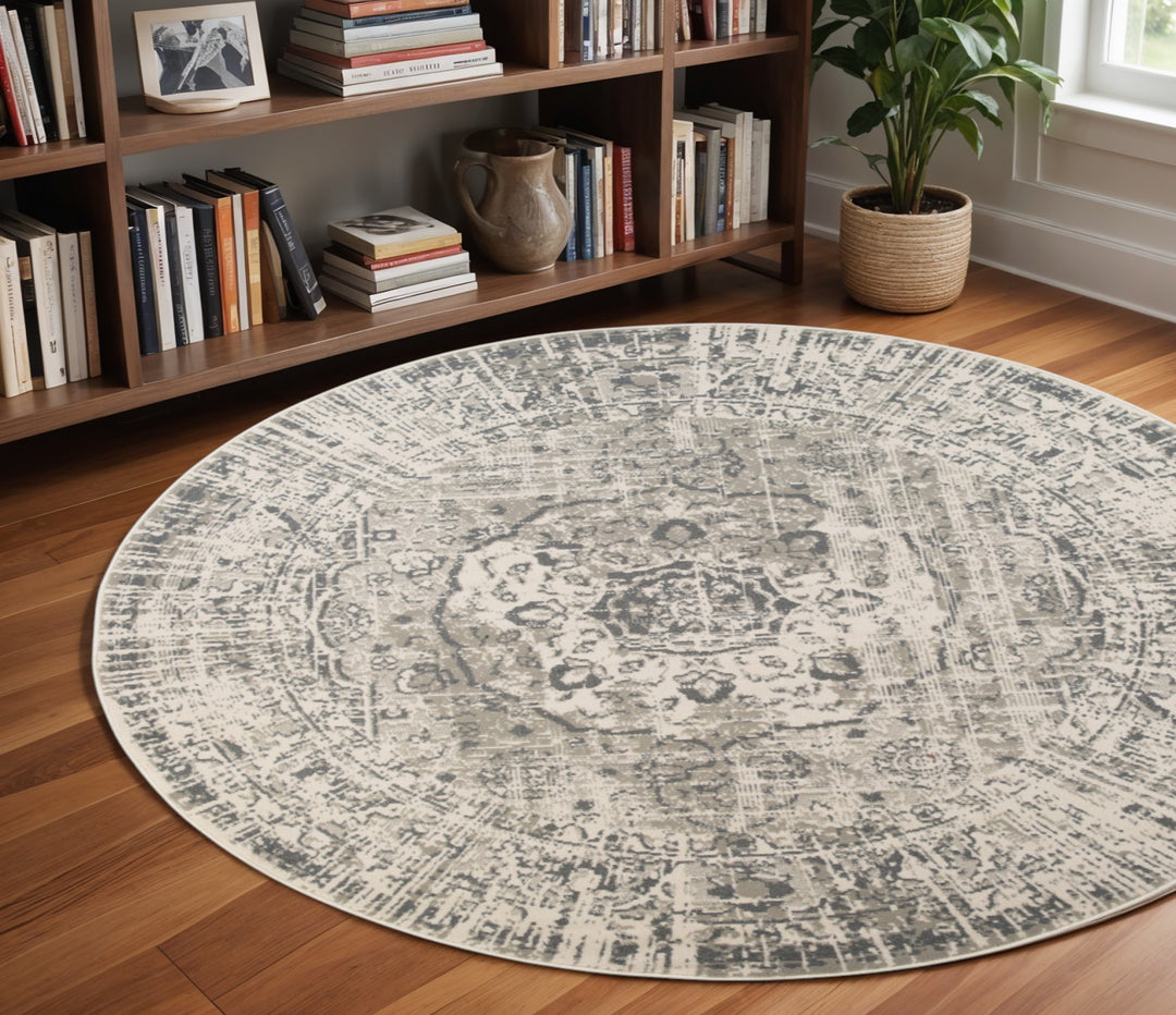 10' X 14' Medium Gray and Ivory Medallion Power Loom Area Rug