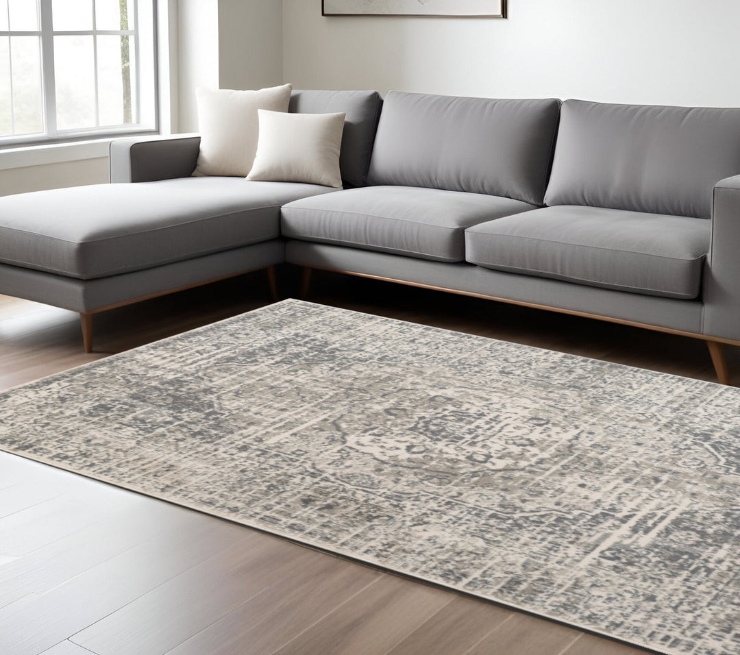 10' X 14' Medium Gray and Ivory Medallion Power Loom Area Rug