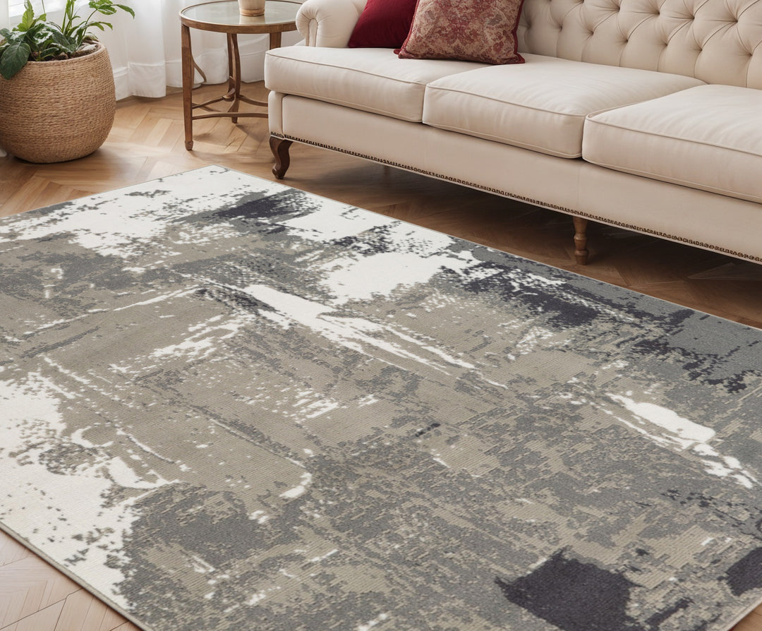 10' X 14' Ivory Black and Gray Abstract Power Loom Area Rug