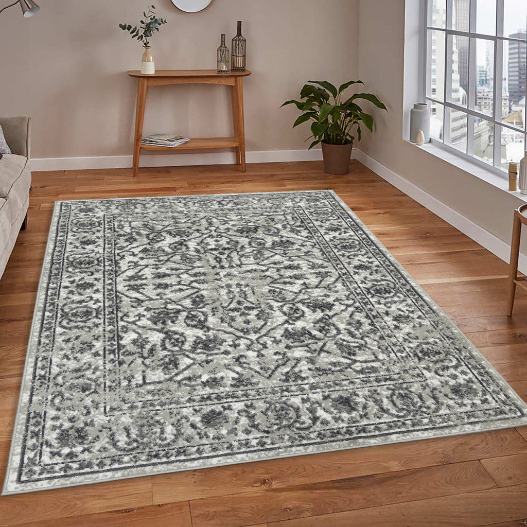 10' X 14' Gray and Dark Gray Floral Power Loom Area Rug