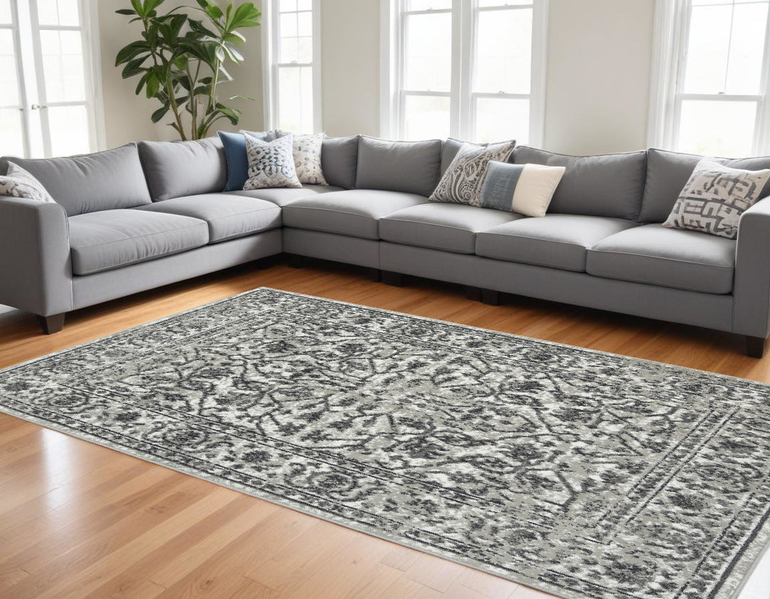 10' X 14' Gray and Dark Gray Floral Power Loom Area Rug