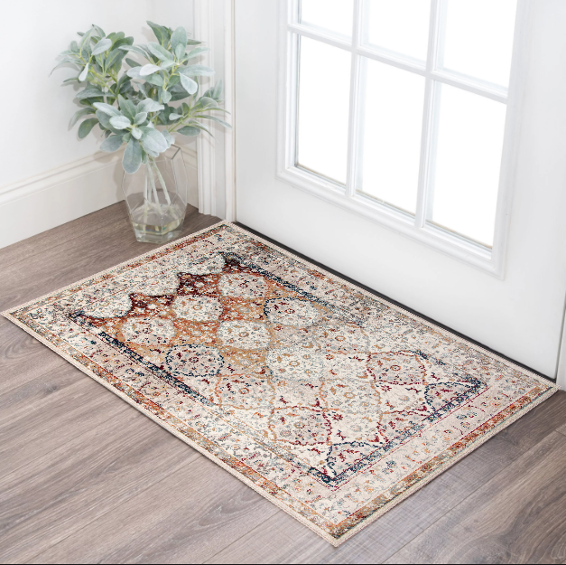 2' X 3' Beige Rust and Navy Floral Medallion Power Loom Area Rug