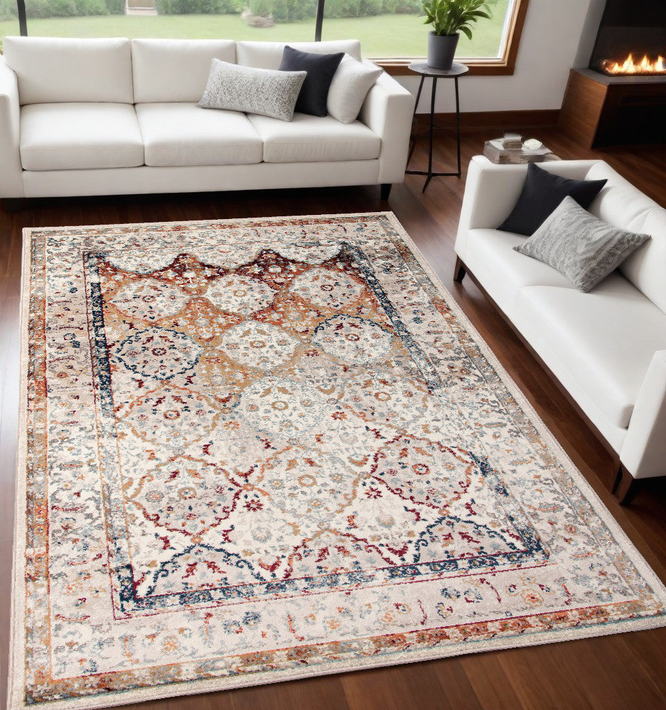 2' X 3' Beige Rust and Navy Floral Medallion Power Loom Area Rug