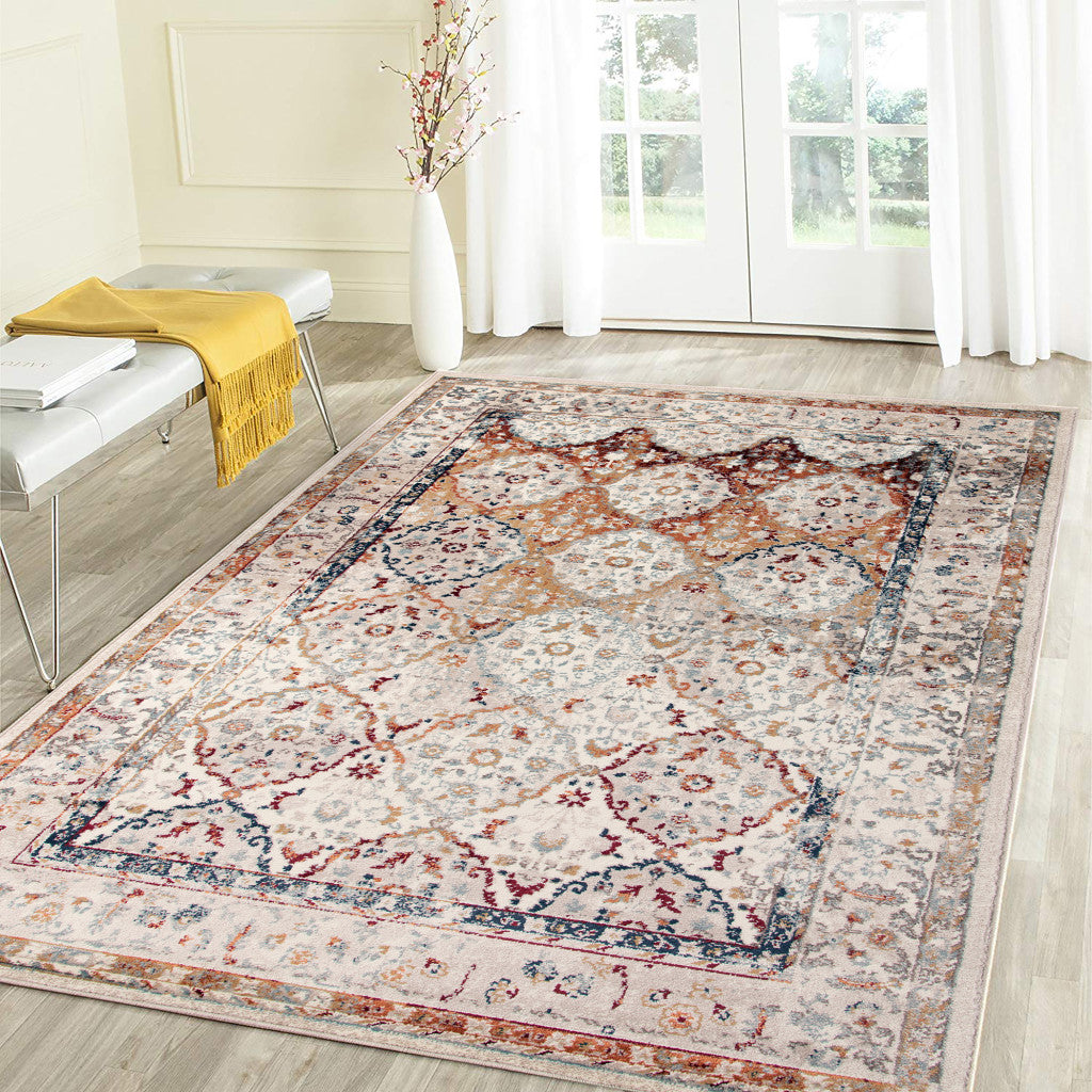 2' X 3' Beige Rust and Navy Floral Medallion Power Loom Area Rug