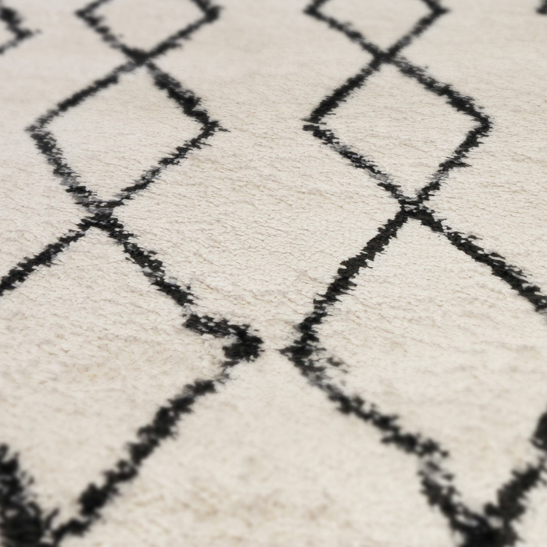 10' Black and Ivory Geometric Shag Runner Rug