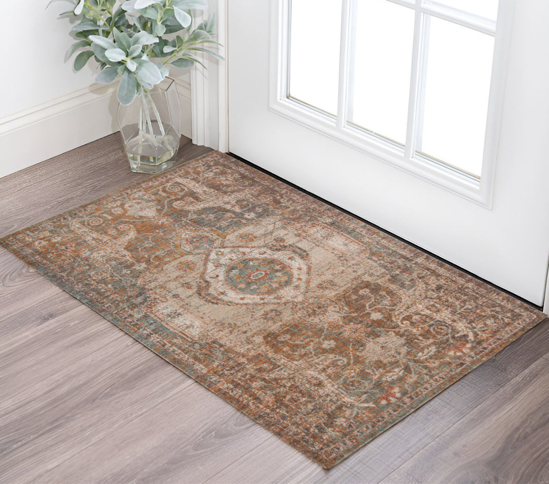 2' X 3' Beige Gray and Taupe Medallion Power Loom Area Rug