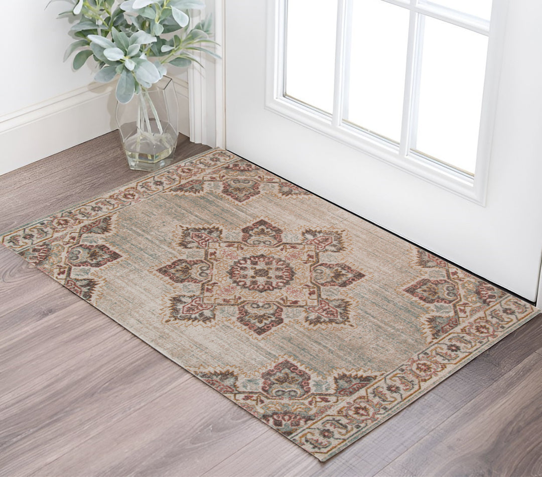 2' X 3' Beige and Rust Medallion Power Loom Area Rug