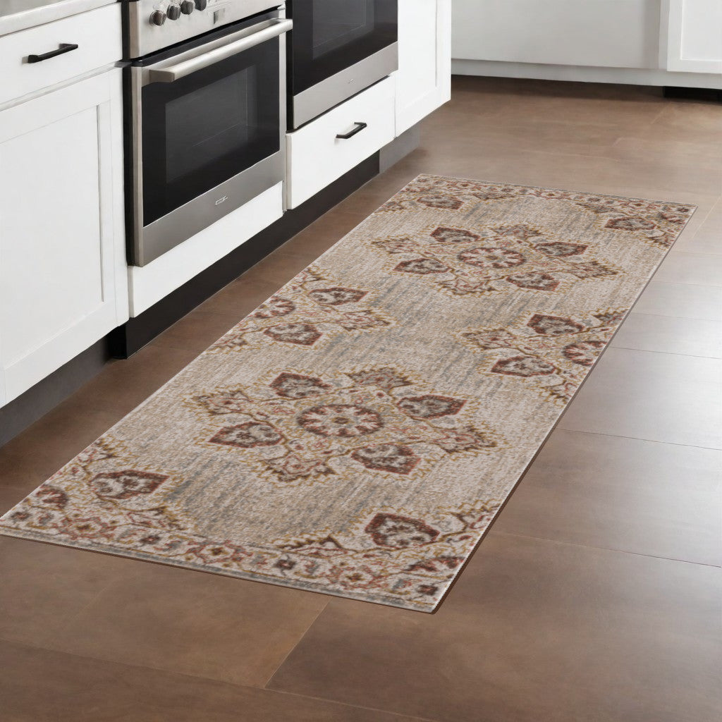 2' X 3' Beige and Rust Medallion Power Loom Area Rug