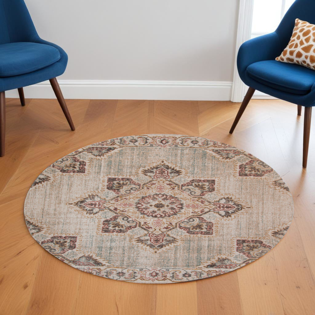 2' X 3' Beige and Rust Medallion Power Loom Area Rug