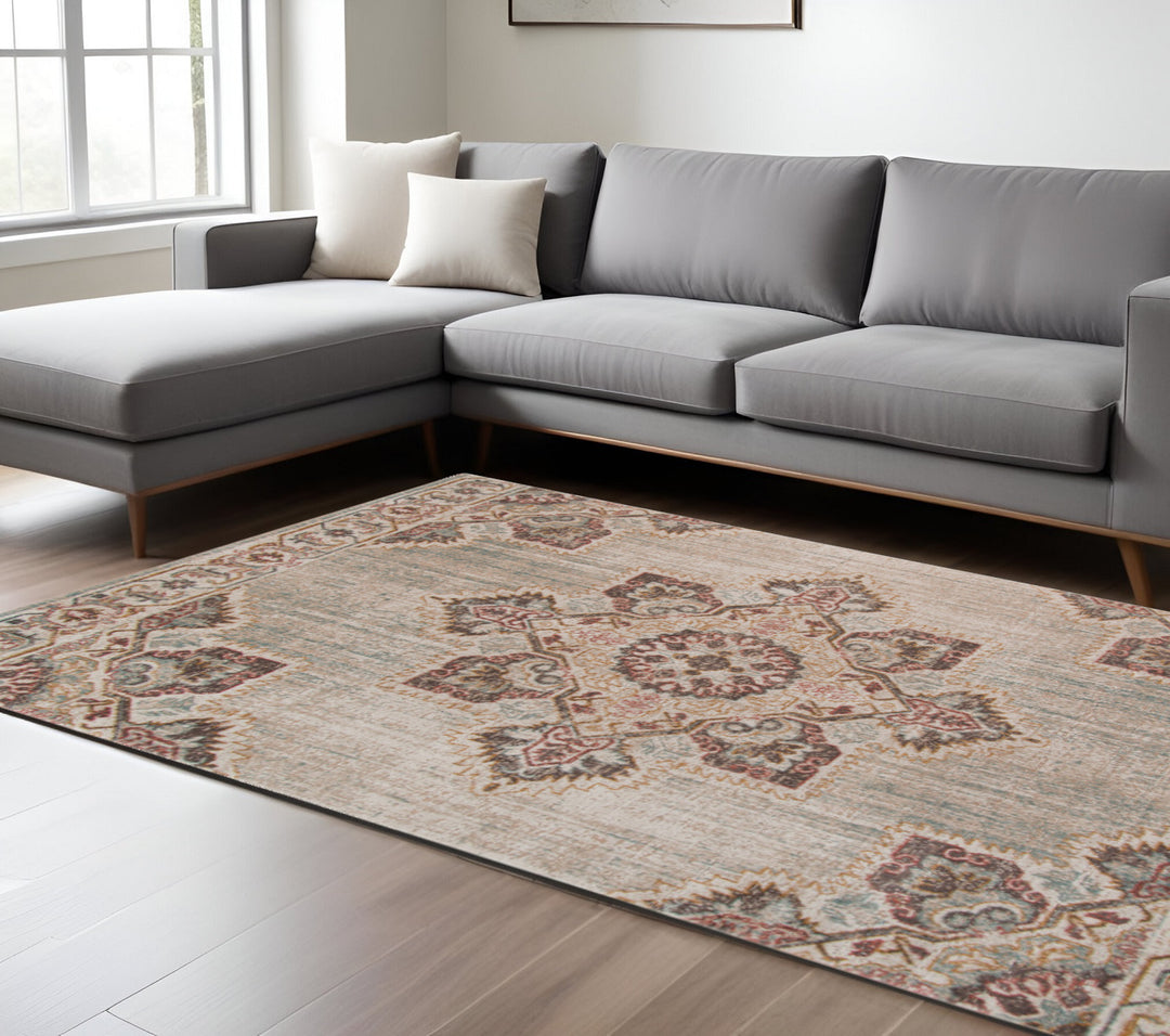 2' X 3' Beige and Rust Medallion Power Loom Area Rug