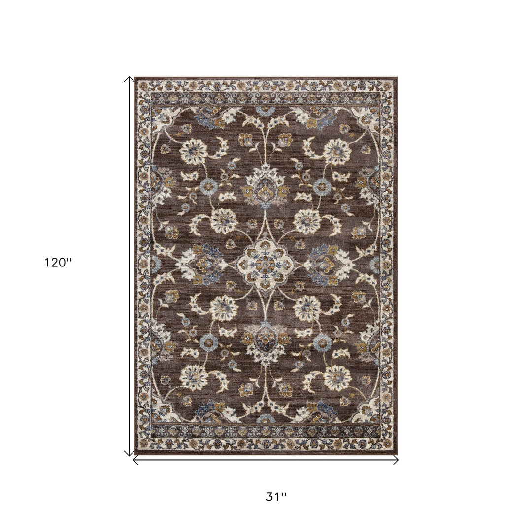 10' Ivory Blue and Brown Floral Power Loom Runner Rug