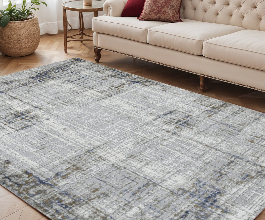 10' Ivory Blue and Gray Abstract Power Loom Runner Rug