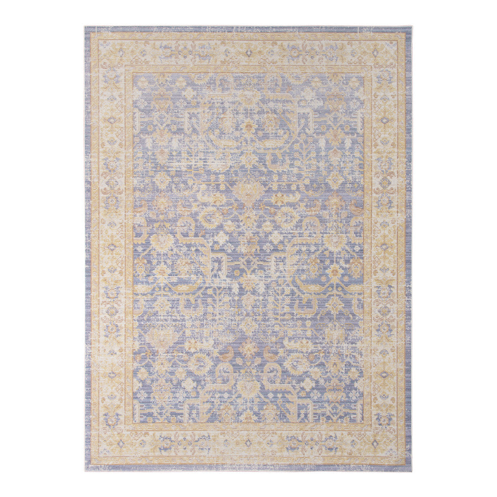 2' X 3' Blue and Yellow Oriental Power Loom Worn Faded Area Rug