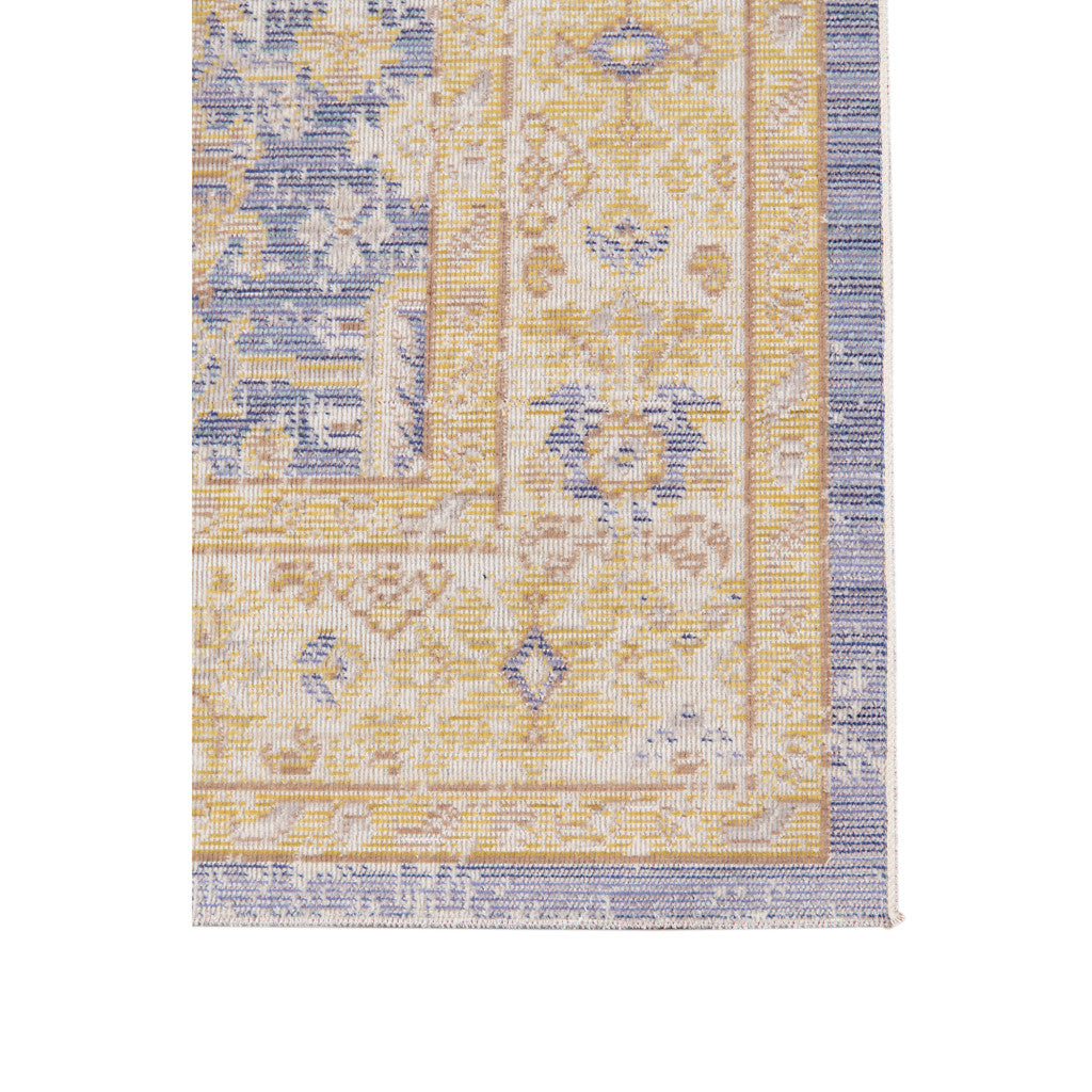 2' X 3' Blue and Yellow Oriental Power Loom Worn Faded Area Rug