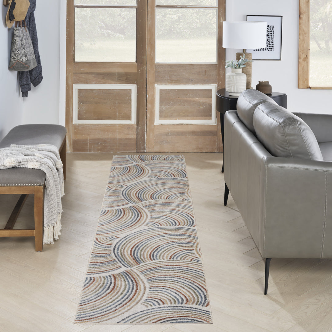 10' Runner Blue and Ivory Abstract Power Loom Washable Runner Rug