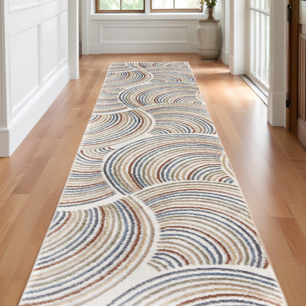 10' Runner Blue and Ivory Abstract Power Loom Washable Runner Rug