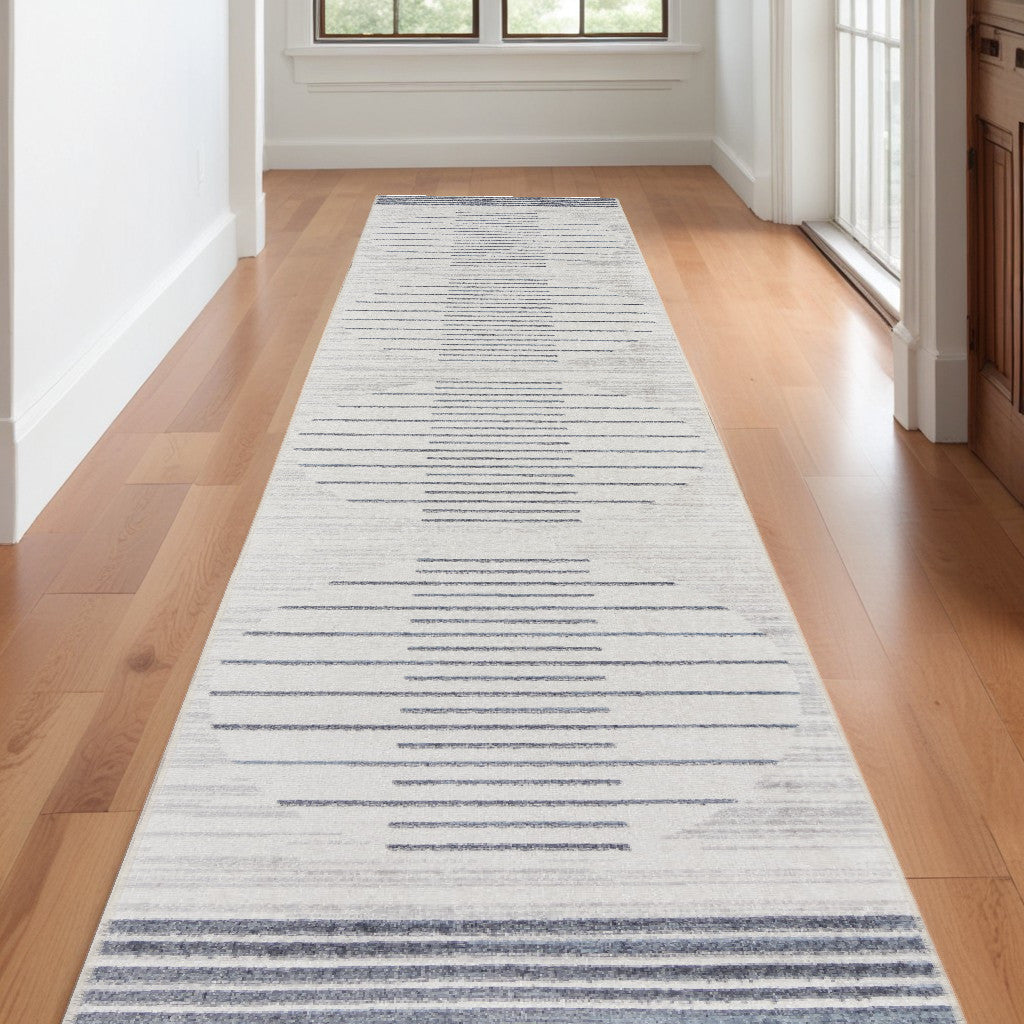 10' Runner Blue and Ivory Geometric Power Loom Washable Runner Rug