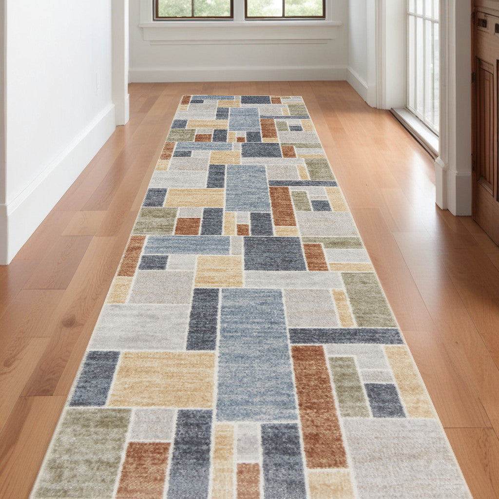 10' Runner Blue and Green Geometric Power Loom Washable Runner Rug